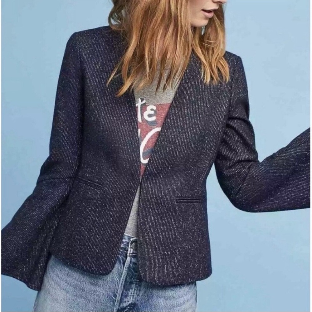 Anthropologie Cartonnier Bell Sleeve Pinstripe Wool Blend Blazer.